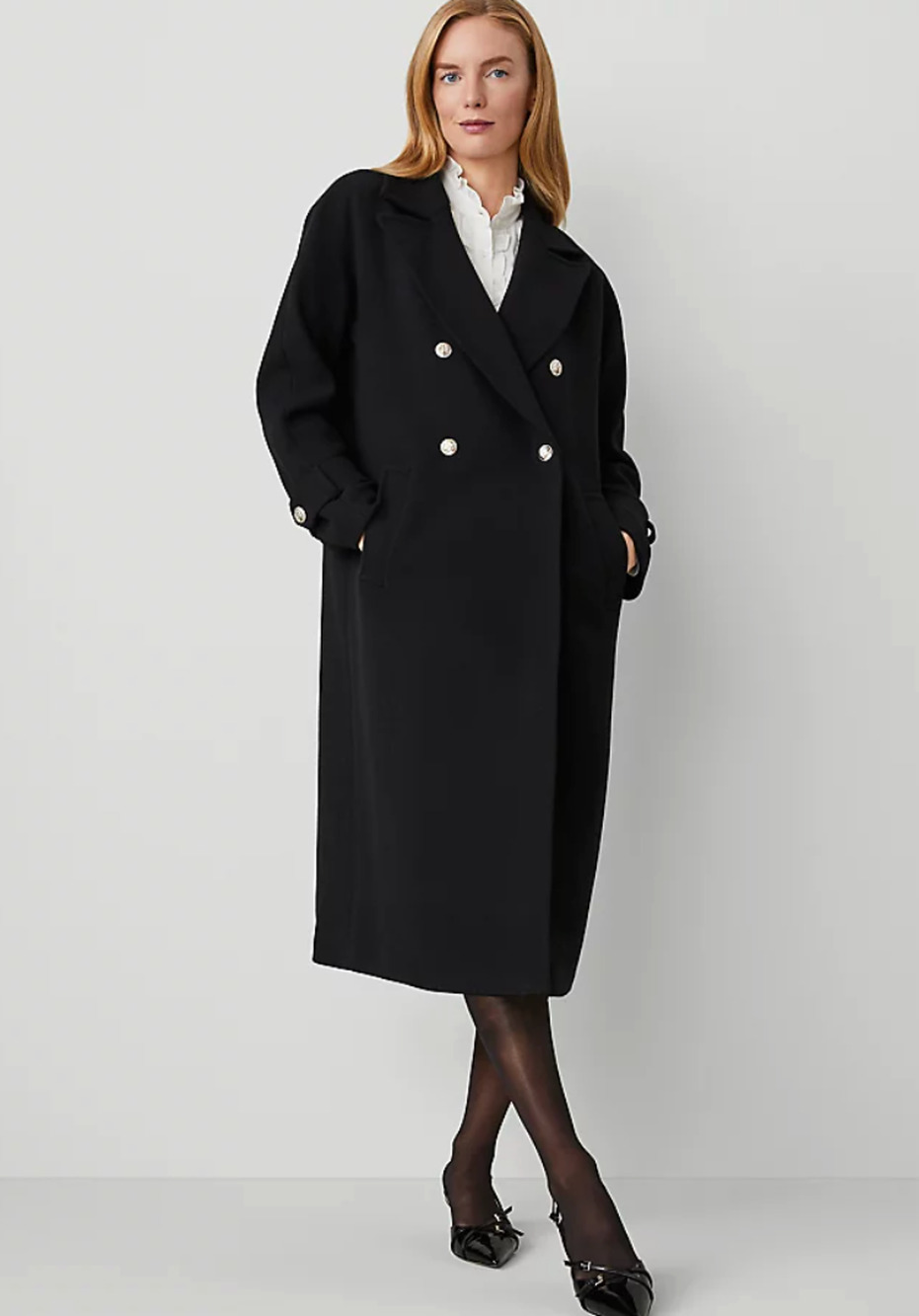 NWOT Ann Taylor Double Breasted Coat Black Silver Buttons Large